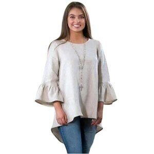 Crown Linen Designs 100% Linen Neutral Beige 3/4 Bell Sleeve Lagonlook Top Size